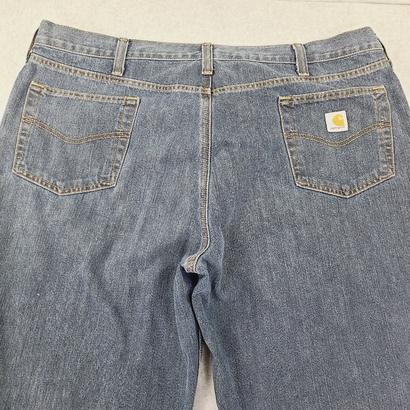 Carhart Men's Blue Denim Jeans Big Relaxed Fit Work Pants 44x32 Leg Hems Clipped - Picture 15 of 16